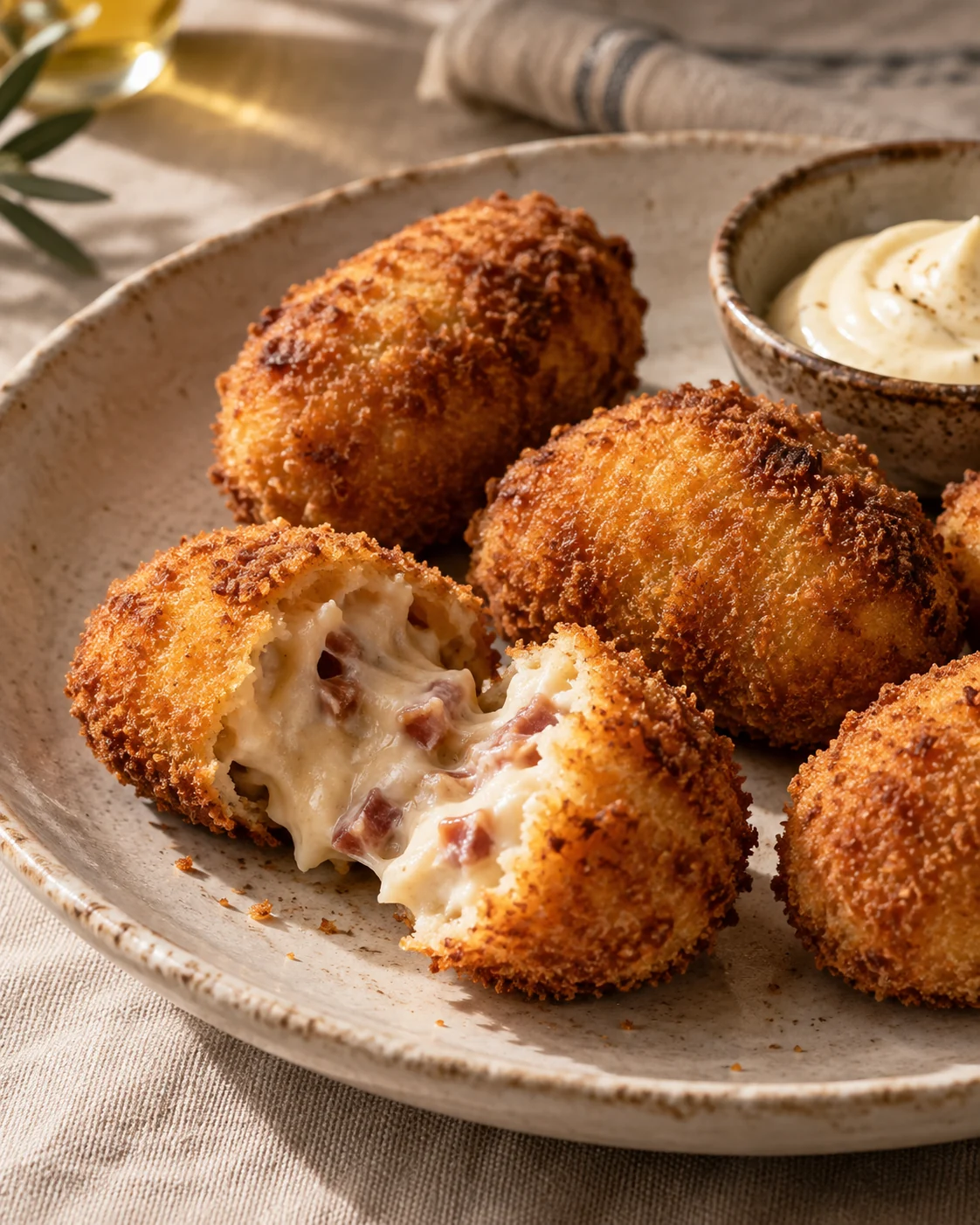 Ilustración gastronómica de croquetas de jamón doradas con un interior cremoso